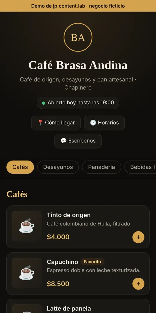Menú de Café Brasa Andina con categorías y precios