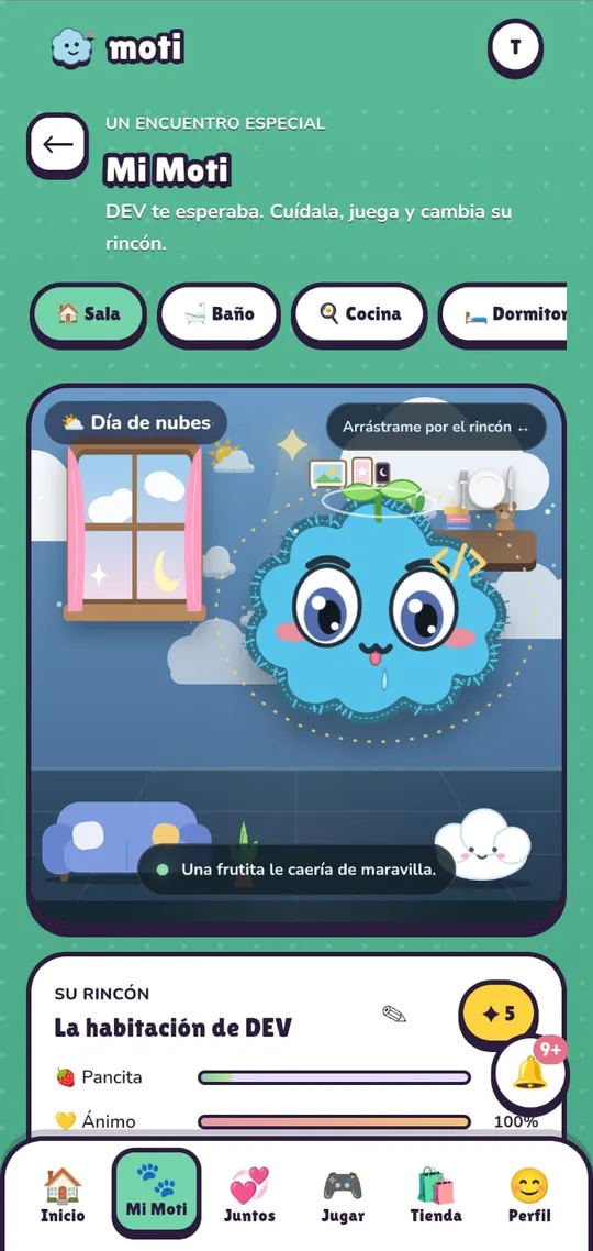 Habitación de la mascota en Moti, con estado de ánimo y hambre