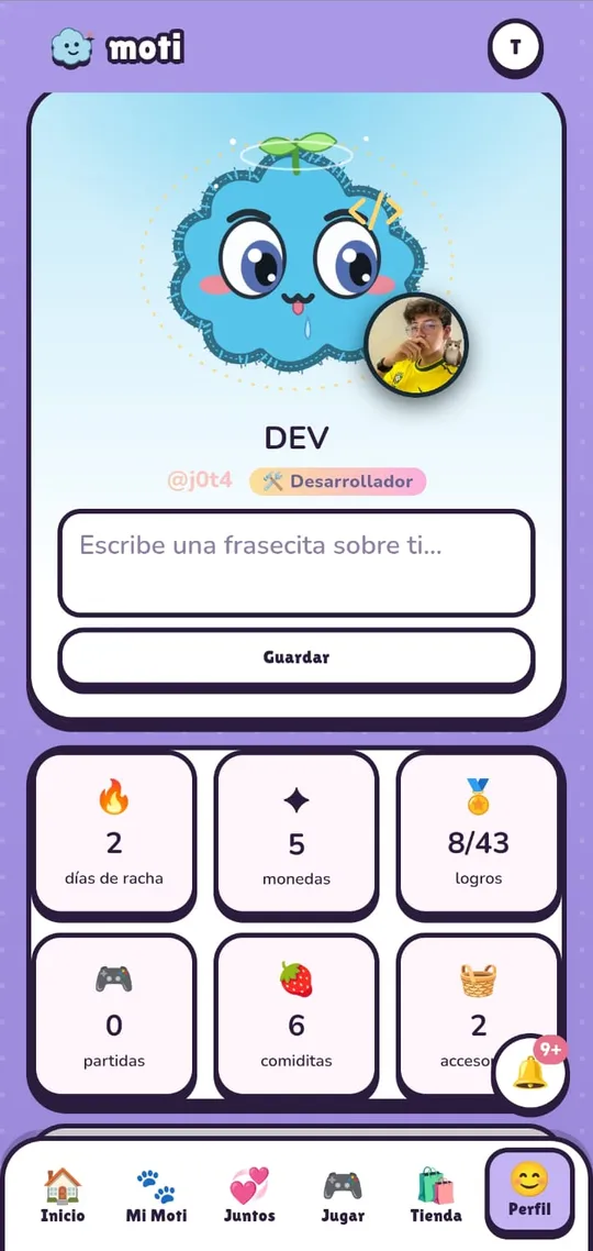 Perfil en Moti con racha, monedas y logros