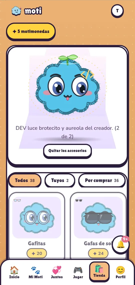 Tienda de accesorios de Moti con gafas y monedas